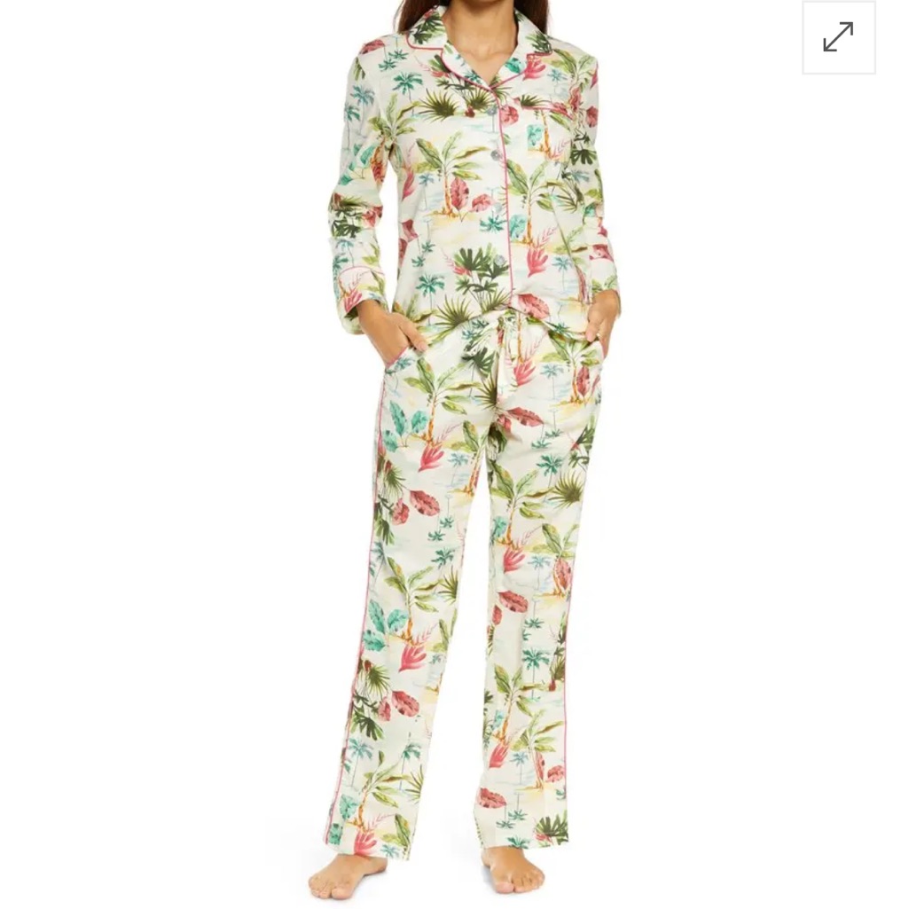 The Lazy Poet Xs Cream, Green Botanical Print Long Sleeve Top & Pants Pajama Set